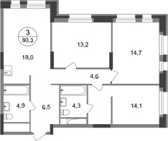 Планировка трехкомнатной(квартира) площадью 80.3 квадратных метров в “ЖК Первый Московский”