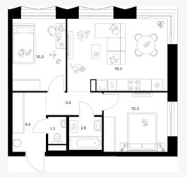 Планировка двухкомнатной(квартира) площадью 52.9 квадратных метров в ЖК “ЖК Зеленый парк”