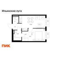 Планировка однокомнатной(квартира) площадью 34.41 квадратных метров в “ЖК Ильинские луга”