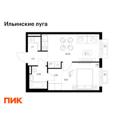 Планировка однокомнатной(квартира) площадью 34.41 квадратных метров в ЖК “ЖК Ильинские луга”