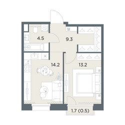 Планировка однокомнатной(квартира) площадью 41.7 квадратных метров в ЖК “ЖК Станиславский”