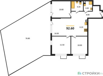 Планировка трехкомнатной(квартира) площадью 92.6 квадратных метров в ЖК “ЖК Скандинавия”