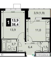 Планировка однокомнатной(квартира) площадью 38.2 квадратных метров в “ЖК 1-й Южный (Первый Южный)”