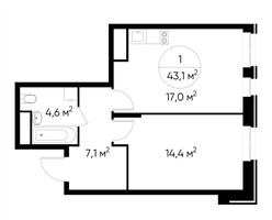 Планировка однокомнатной(квартира) площадью 43.1 квадратных метров в “ЖК Первый Московский”