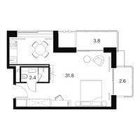 Планировка студии(апартаменты) площадью 40.6 квадратных метров в “ЖК Аквилон Сигнал”