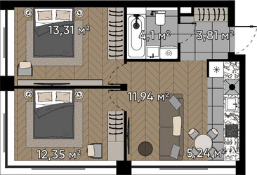 Планировка двухкомнатной(квартира) площадью 50.8 квадратных метров в ЖК “ЖК Квартал Серебряный бор”