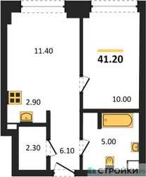 Планировка однокомнатной(квартира) площадью 41.2 квадратных метров в ЖК “ЖК Upside Towers (Апсайд Тауэрс)”