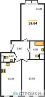 Планировка двухкомнатной(квартира) площадью 59.64 квадратных метров в “ЖК Движение. Говорово”