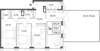 Планировка 4+ комнатной(квартира) площадью 140 квадратных метров в ЖК “ЖК Will Towers (Вилл Тауэрс)”