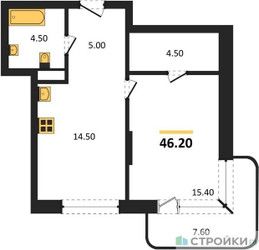 Планировка однокомнатной(квартира) площадью 46.2 квадратных метров в ЖК “Кутузов Сити”