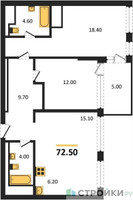 Планировка двухкомнатной(квартира) площадью 72.5 квадратных метров в “ЖК VERY на Миклухо-Маклая (Вери на Миклухо-Маклая)”