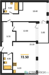 Планировка двухкомнатной(квартира) площадью 72.5 квадратных метров в ЖК “ЖК VERY на Миклухо-Маклая (Вери на Миклухо-Маклая)”