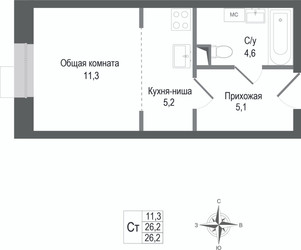 Планировка студии(квартира) площадью 26.2 квадратных метров в “ЖК КИНОКВАРТАЛ”