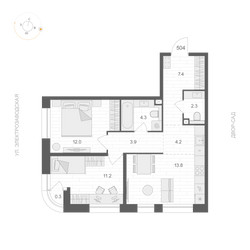 Планировка двухкомнатной(апартаменты) площадью 59.2 квадратных метров в ЖК “ЖК ARTEL (Артель)”