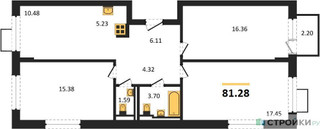 Планировка трехкомнатной(квартира) площадью 81.28 квадратных метров в “ЖК Молжаниново”
