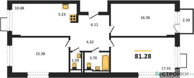 Планировка трехкомнатной(квартира) площадью 81.28 квадратных метров в ЖК “ЖК Молжаниново”