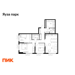 Планировка трехкомнатной(квартира) площадью 88.8 квадратных метров в ЖК “ЖК Яуза Парк (Мытищи)”