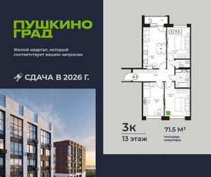 Планировка трехкомнатной(квартира) площадью 71.5 квадратных метров в ЖК “ЖК Пушкино Град”