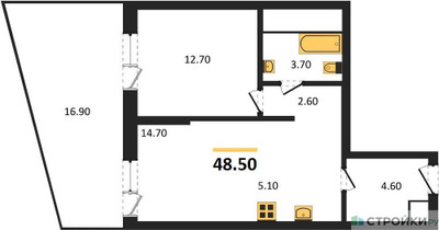 Планировка однокомнатной(квартира) площадью 48.5 квадратных метров в ЖК “ЖК VERY на Миклухо-Маклая (Вери на Миклухо-Маклая)”