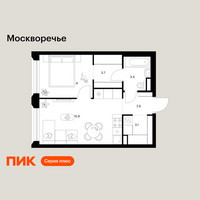 Планировка однокомнатной(квартира) площадью 37.7 квадратных метров в “ЖК Москворечье”