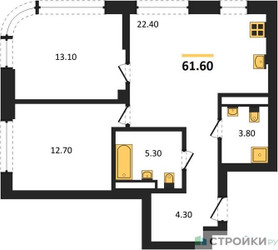 Планировка двухкомнатной(квартира) площадью 61.6 квадратных метров в ЖК “Архитектурный проект U2 (ЮТУ)”