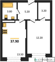 Планировка однокомнатной(квартира) площадью 37.9 квадратных метров в “ЖК Видный берег 2”