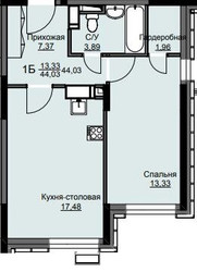 Планировка однокомнатной(квартира) площадью 44.3 квадратных метров в ЖК “ЖК Соболевка”