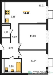Планировка двухкомнатной(квартира) площадью 54.47 квадратных метров в ЖК “ЖК Горки Парк”