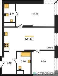 Планировка двухкомнатной(квартира) площадью 61.4 квадратных метров в ЖК “ЖК Детали”