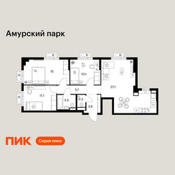 Планировка трехкомнатной(квартира) площадью 76.8 квадратных метров в ЖК “ЖК Амурский парк”