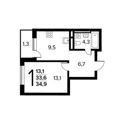 Планировка однокомнатной(квартира) площадью 34.9 квадратных метров в ЖК “Новые Ватутинки. Заречный”