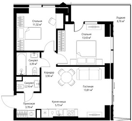 Планировка двухкомнатной(апартаменты) площадью 66.28 квадратных метров в ЖК “ЖК JOIS (Джойс)”