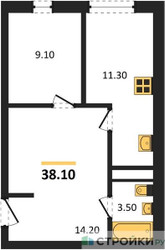 Планировка однокомнатной(квартира) площадью 38.1 квадратных метров в ЖК “ЖК Южная Долина”