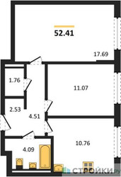 Планировка двухкомнатной(квартира) площадью 52.41 квадратных метров в ЖК “ЖК Мытищи Парк”