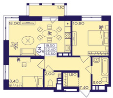 Планировка трехкомнатной(квартира) площадью 53.5 квадратных метров в “ЖК Героев”