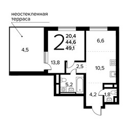 Планировка двухкомнатной(квартира) площадью 49.1 квадратных метров в ЖК “Новые Ватутинки. Заречный”