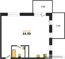 Планировка однокомнатной(апартаменты) площадью 64.9 квадратных метров в “ЖК ФизтехСити”
