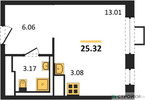 Планировка студии(квартира) площадью 25.32 квадратных метров в “ЖК Прибрежный Парк”