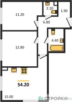Планировка двухкомнатной(квартира) площадью 54.2 квадратных метров в “Жилые кварталы Белый Град”