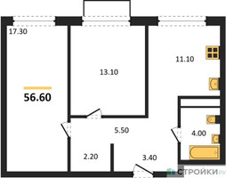 Планировка двухкомнатной(квартира) площадью 56.6 квадратных метров в “ЖК Шагал”