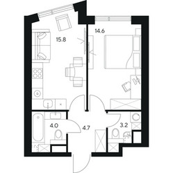 Планировка однокомнатной(квартира) площадью 42.3 квадратных метров в ЖК “ЖК Нексус от Аквилон”