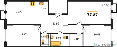 Планировка трехкомнатной(квартира) площадью 77.87 квадратных метров в ЖК “ЖК Остафьево”