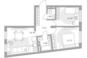 Планировка трехкомнатной(квартира) площадью 57.06 квадратных метров в “ЖК Аникеевский”