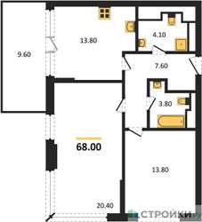 Планировка двухкомнатной(квартира) площадью 68 квадратных метров в ЖК “ЖК VERY на Миклухо-Маклая (Вери на Миклухо-Маклая)”