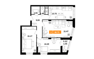 Планировка трехкомнатной(квартира) площадью 80.8 квадратных метров в “ЖК Планерный Квартал”