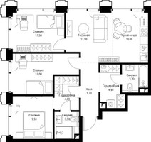 Планировка трехкомнатной(квартира) площадью 77 квадратных метров в “ЖК СЕТ”