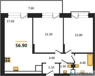 Планировка двухкомнатной(квартира) площадью 56.9 квадратных метров в ЖК “ЖК The LAKE (Лэйк)”