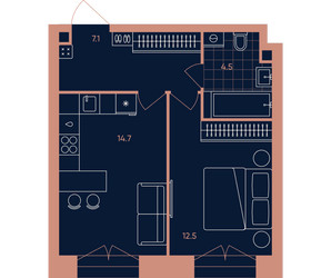 Планировка двухкомнатной(квартира) площадью 38.8 квадратных метров в ЖК “Квартал Эра”