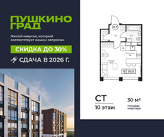 Планировка студии(квартира) площадью 30 квадратных метров в “ЖК Пушкино Град”