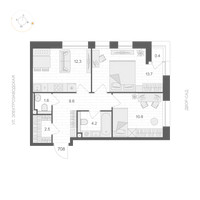 Планировка двухкомнатной(апартаменты) площадью 53.9 квадратных метров в “ЖК ARTEL (Артель)”